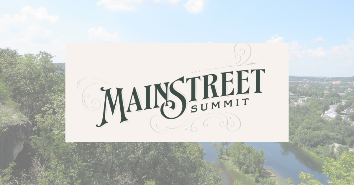 Text logo for Main Street Summit with Missouri landscape in background